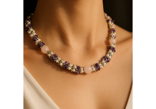 Намисто з рожевим кварцом, аметистом і хризолітом